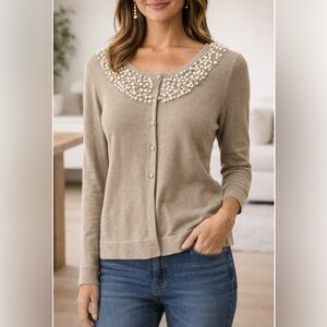 Elegant Pearl-Embellished Beige Cardigan